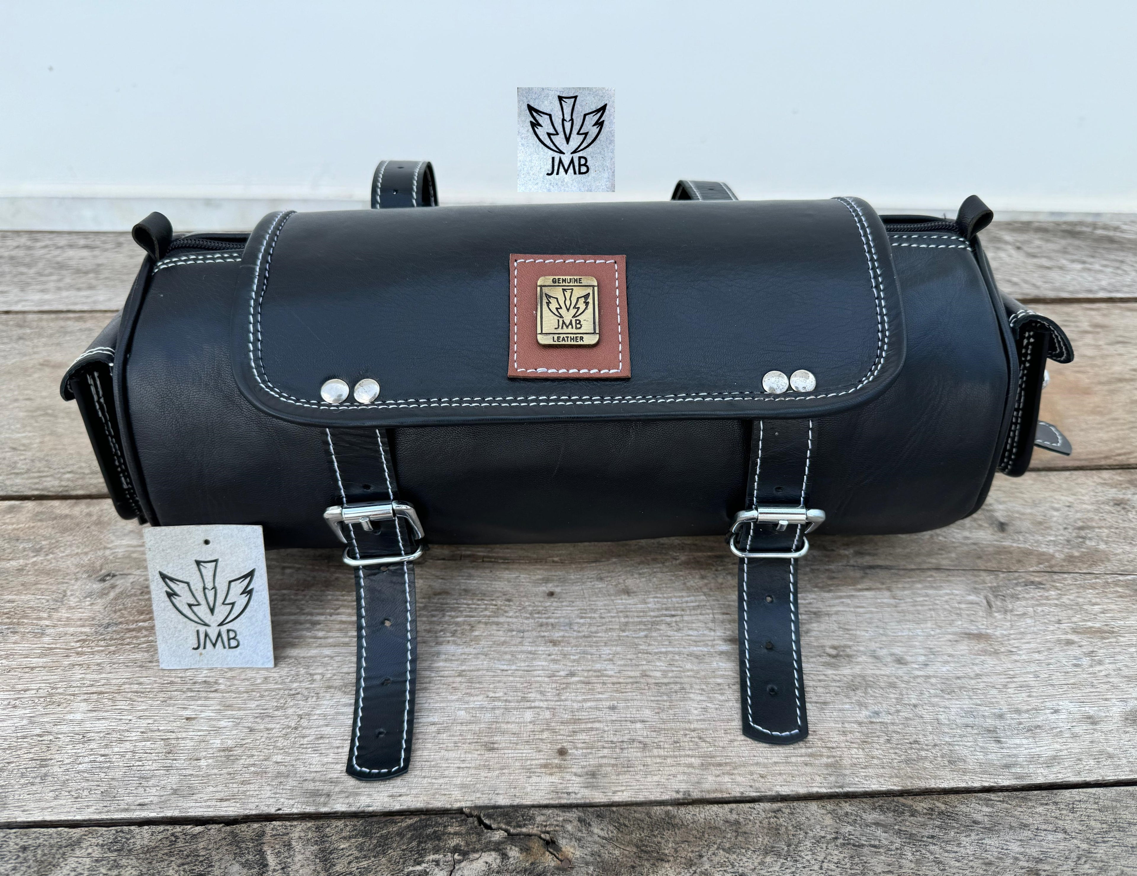 Werkzeugtasche aus echtem schwarzem Leder, Motorrad-Gabeltasche, Satteltasche/Packtasche von Jasolcraft 