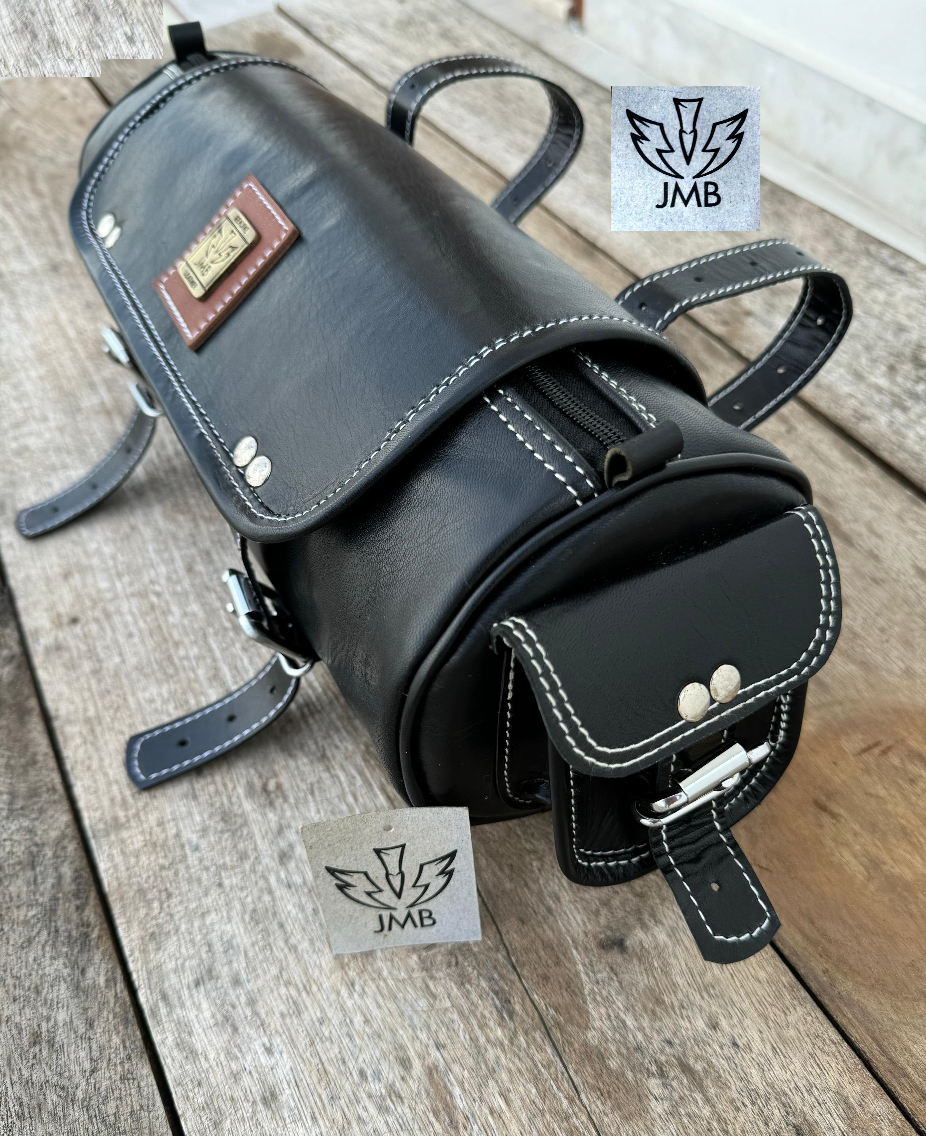 Werkzeugtasche aus echtem schwarzem Leder, Motorrad-Gabeltasche, Satteltasche/Packtasche von Jasolcraft 