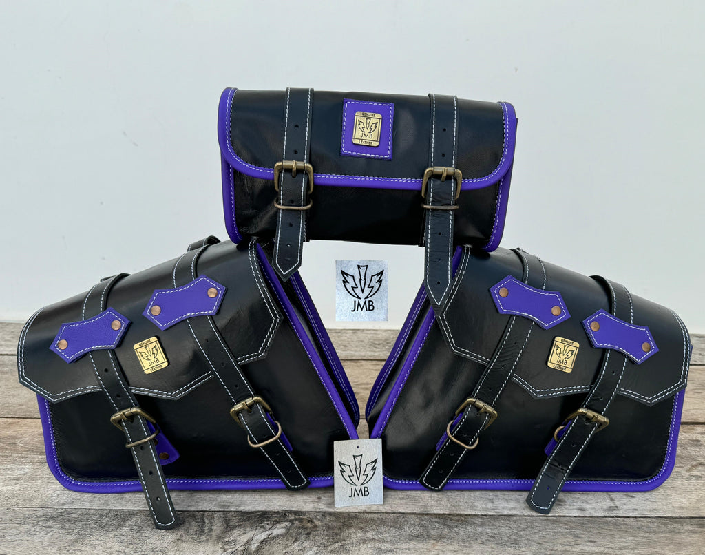 Set aus 3 handgefertigten Motorradtaschen aus Ziegenleder mit Werkzeugtasche und Satteltaschen 