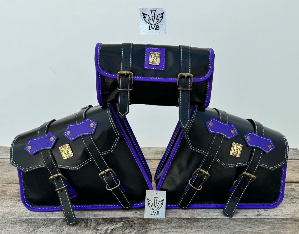 Set aus 3 handgefertigten Motorradtaschen aus Ziegenleder mit Werkzeugtasche und Satteltaschen 