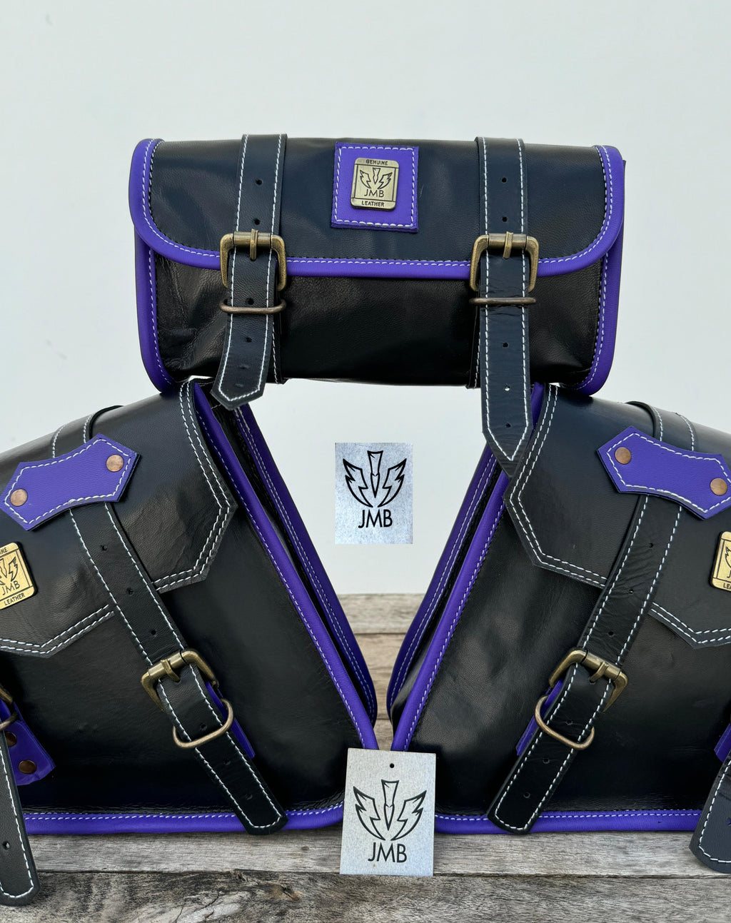 Set aus 3 handgefertigten Motorradtaschen aus Ziegenleder mit Werkzeugtasche und Satteltaschen 