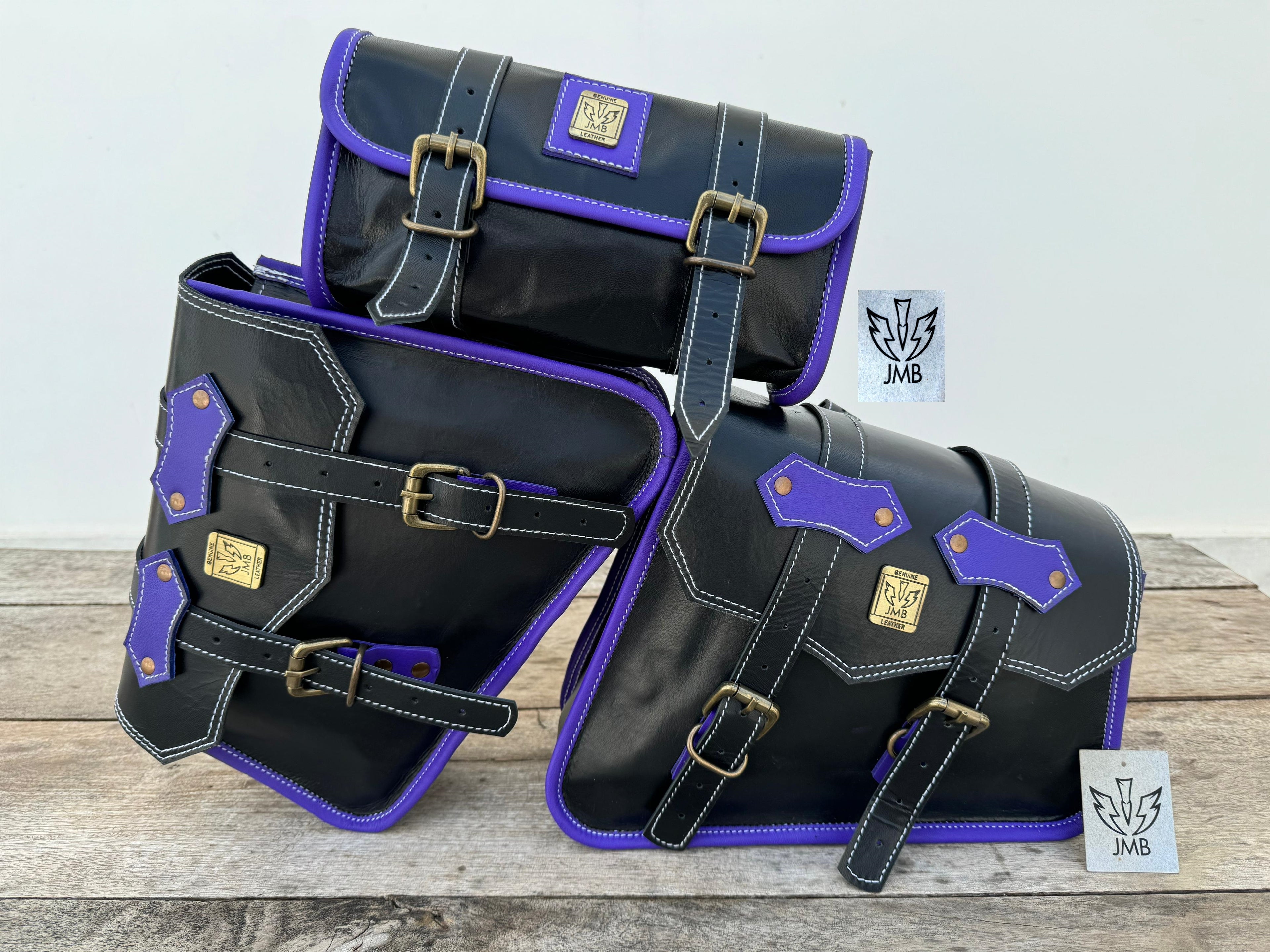 Set aus 3 handgefertigten Motorradtaschen aus Ziegenleder mit Werkzeugtasche und Satteltaschen 