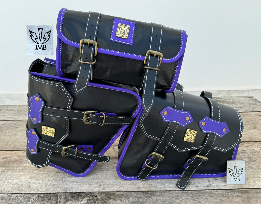 Set aus 3 handgefertigten Motorradtaschen aus Ziegenleder mit Werkzeugtasche und Satteltaschen 