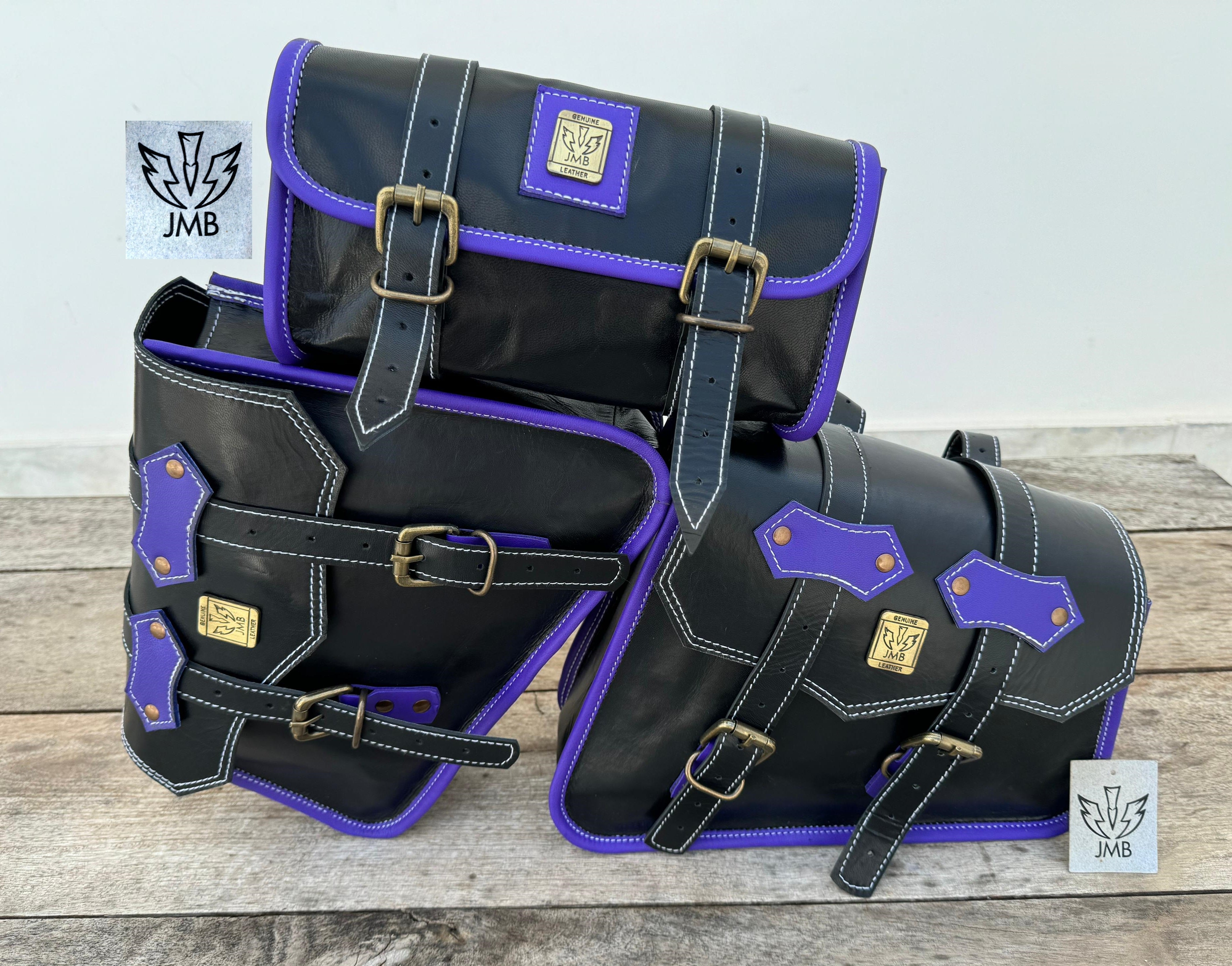 Set aus 3 handgefertigten Motorradtaschen aus Ziegenleder mit Werkzeugtasche und Satteltaschen 