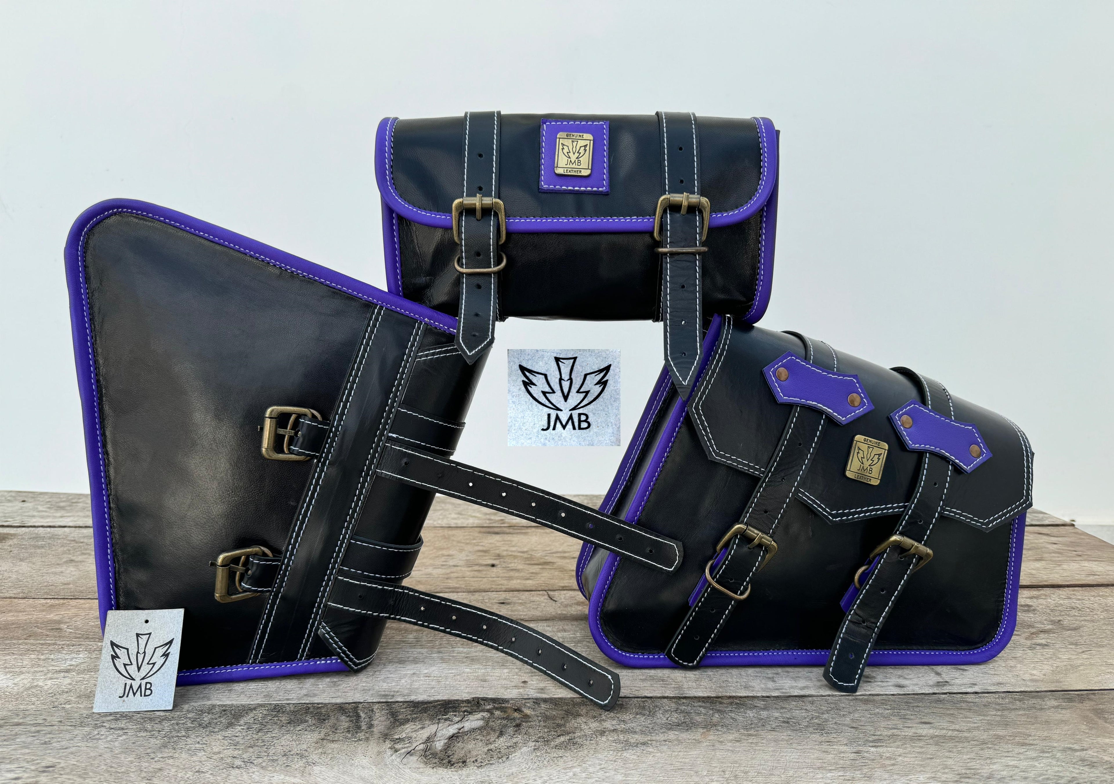 Set aus 3 handgefertigten Motorradtaschen aus Ziegenleder mit Werkzeugtasche und Satteltaschen 