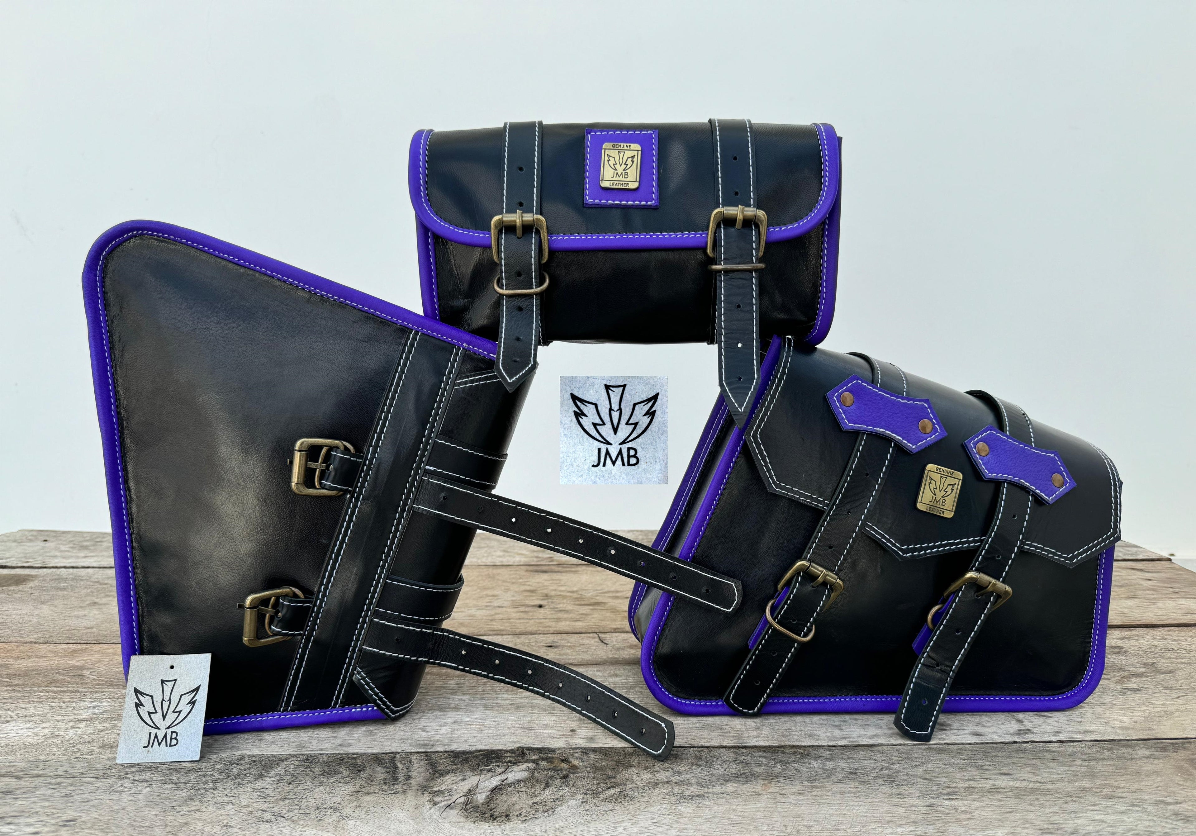 Set aus 3 handgefertigten Motorradtaschen aus Ziegenleder mit Werkzeugtasche und Satteltaschen 