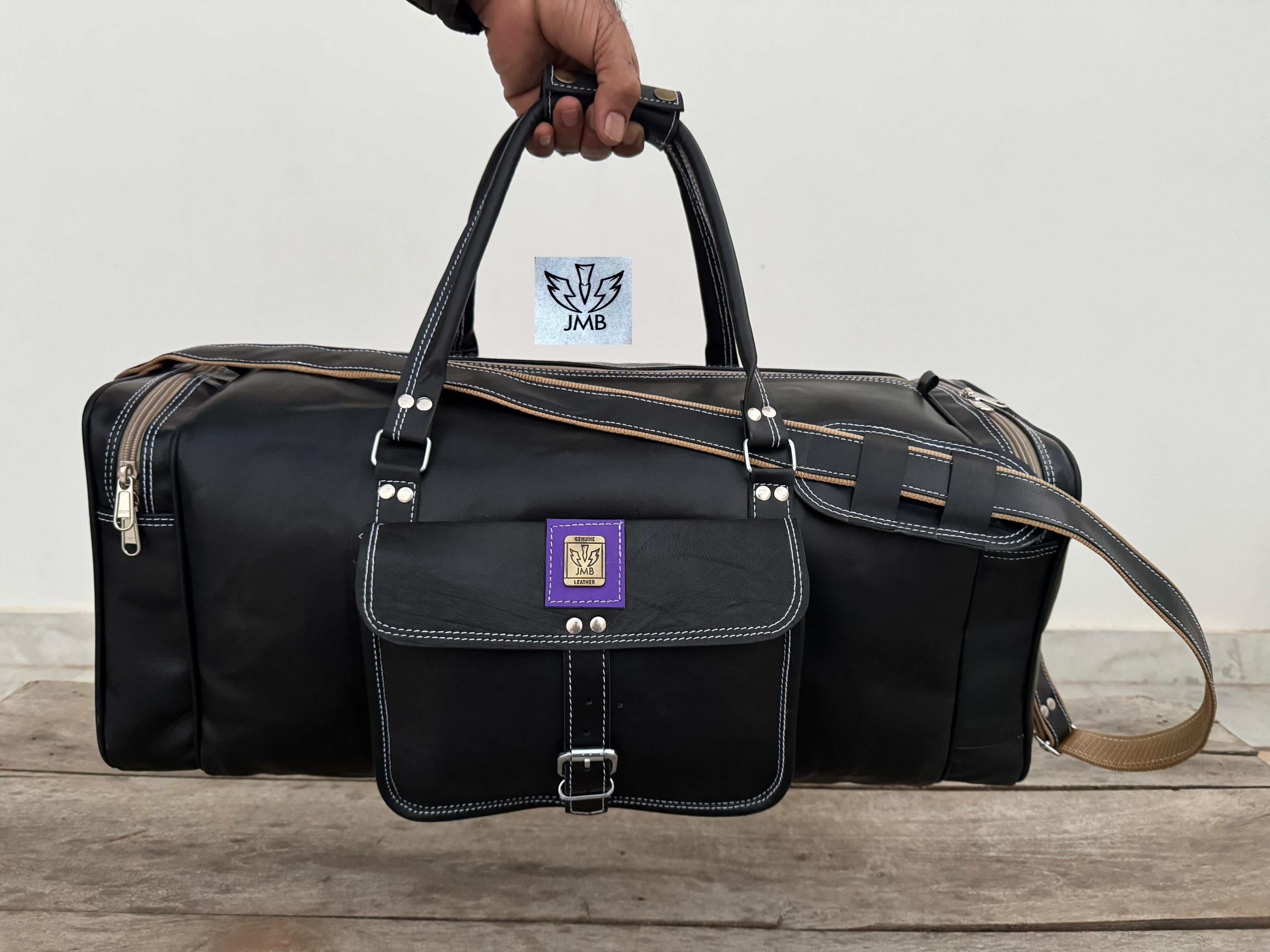 Unisex-Reisetasche und Sporttasche aus schwarzem Echtleder – Wochenendgepäck von Jasolcraft