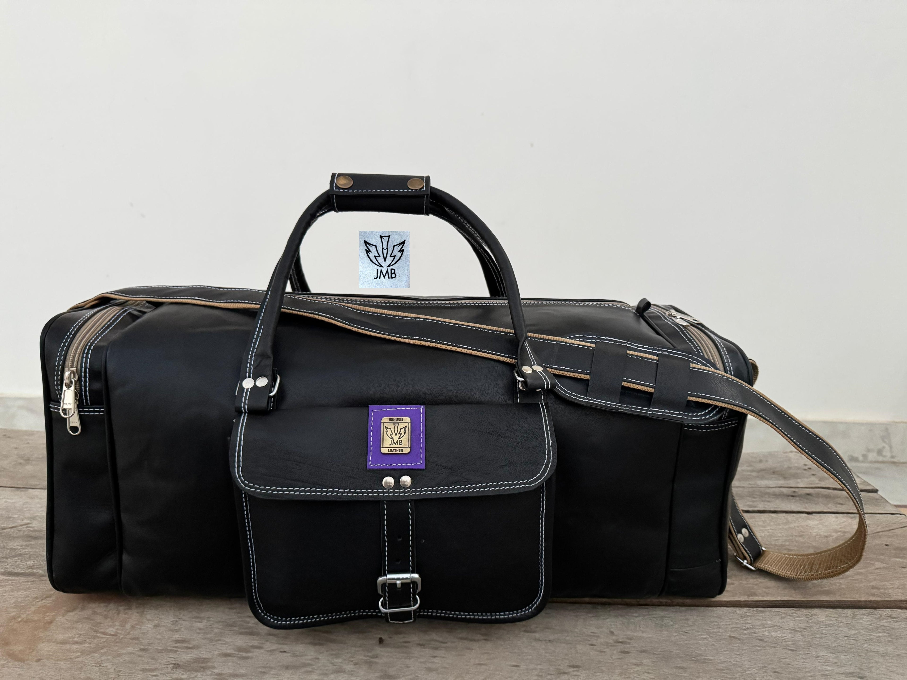 Unisex-Reisetasche und Sporttasche aus schwarzem Echtleder – Wochenendgepäck von Jasolcraft