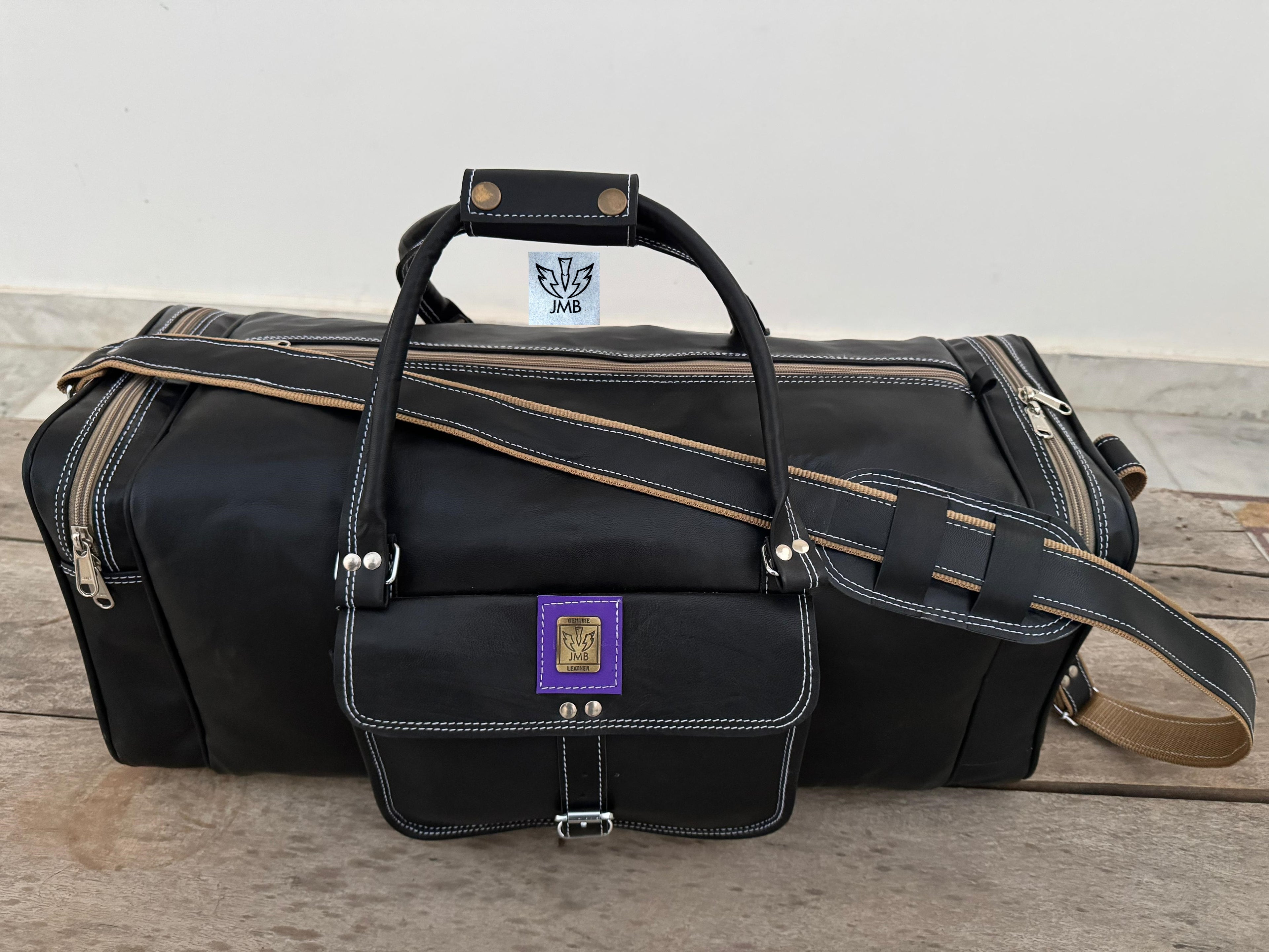 Unisex-Reisetasche und Sporttasche aus schwarzem Echtleder – Wochenendgepäck von Jasolcraft