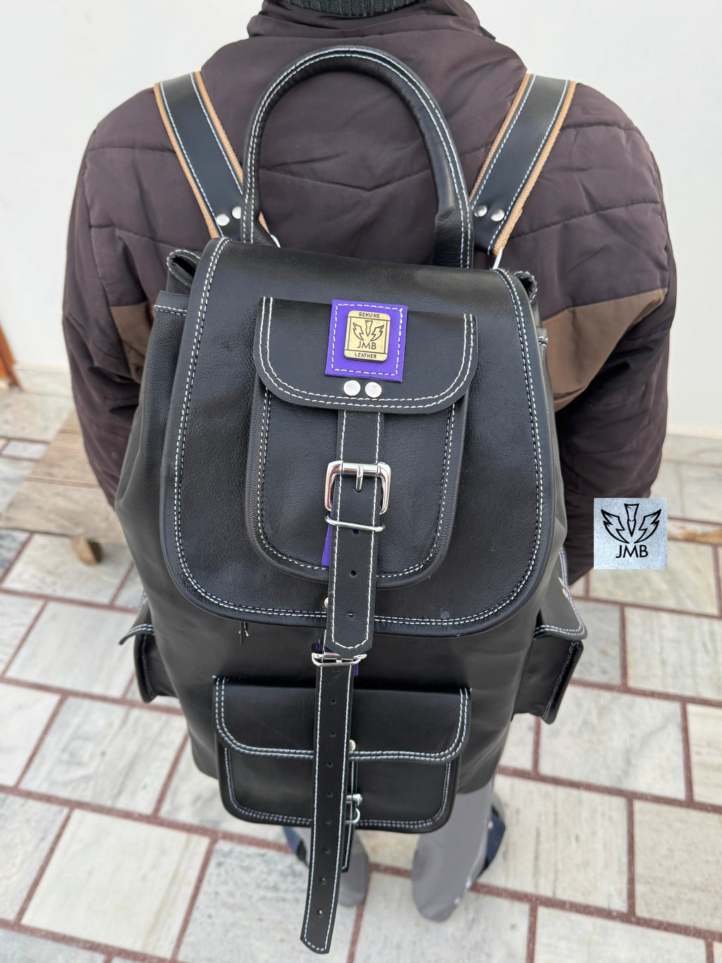 Schwarzer Unisex-Lederrucksack – 45,7 cm (18 Zoll) für Schule, Reisen und Alltag | JMB von JasolCraft