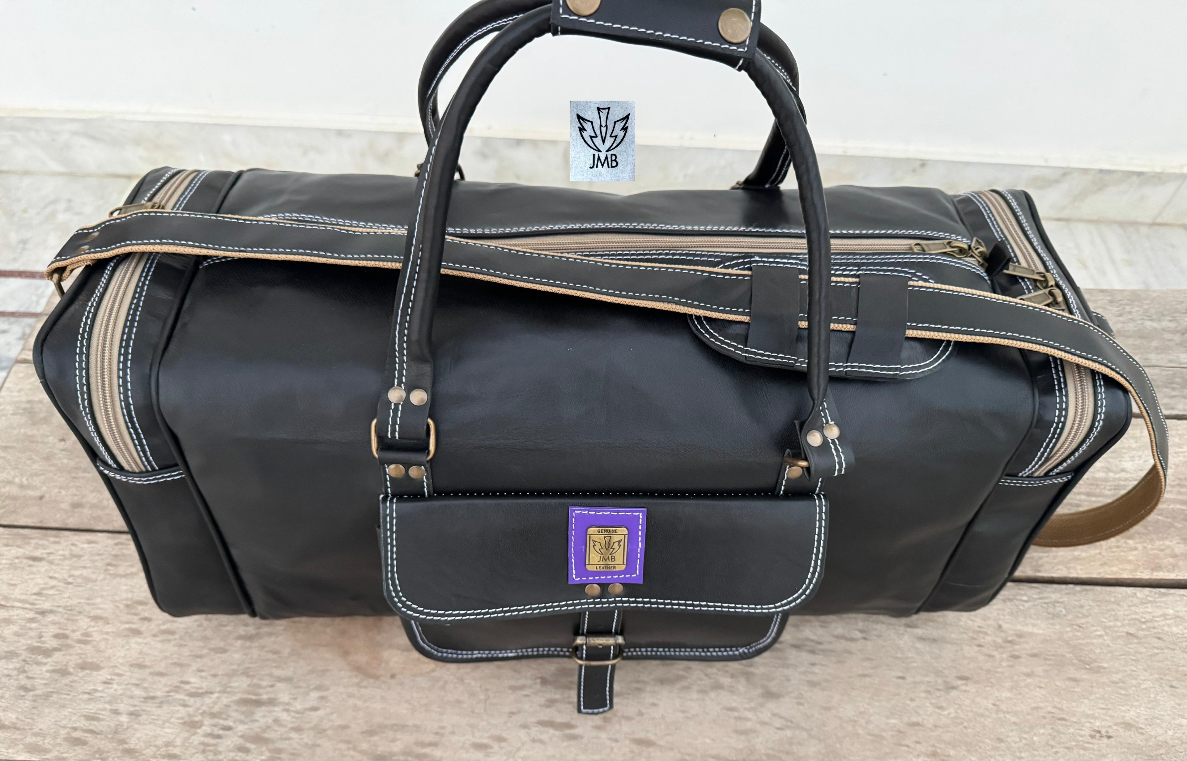 Unisex-Reisetasche und Sporttasche aus schwarzem Echtleder – Wochenendgepäck von Jasolcraft