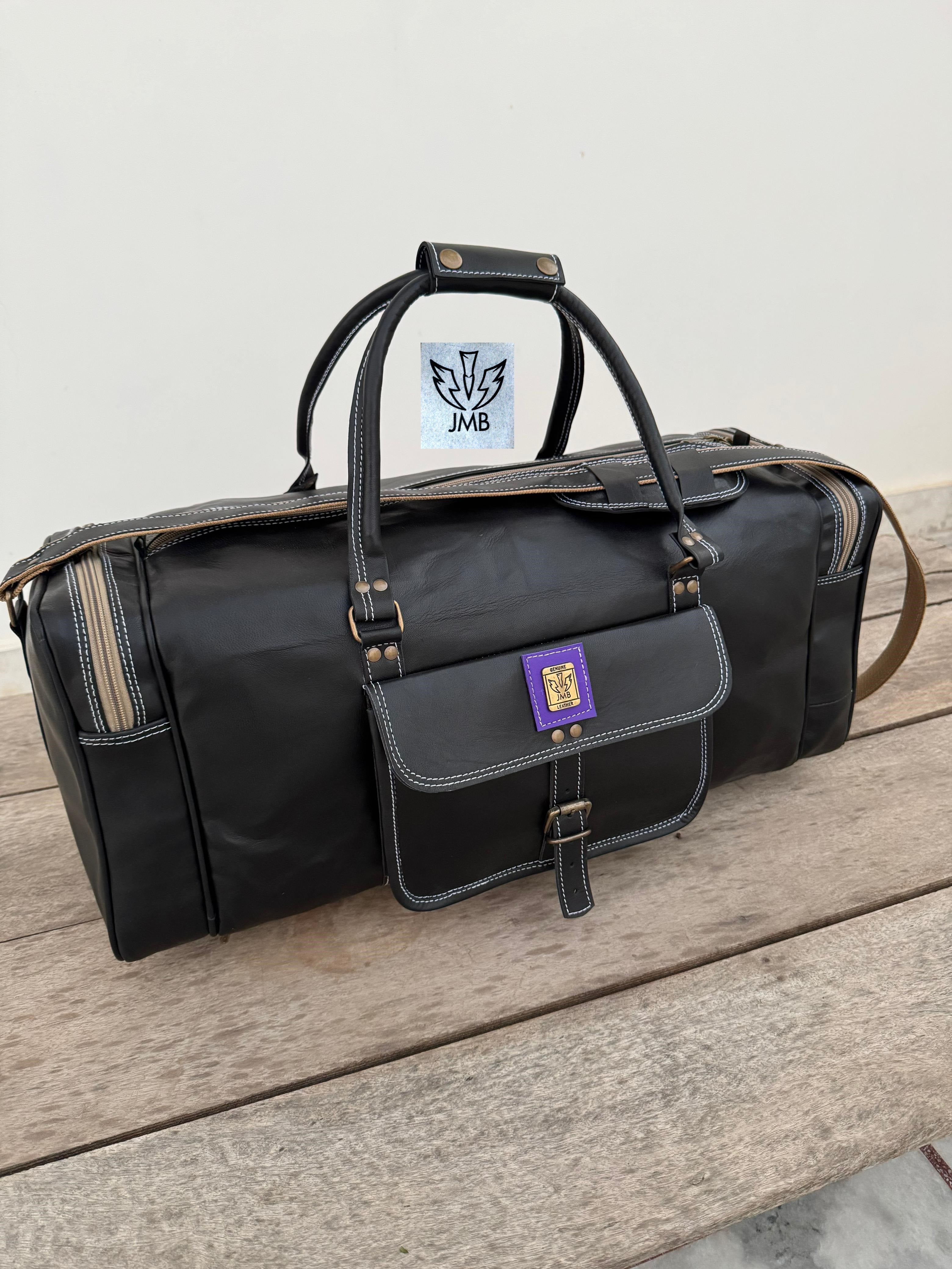 Unisex-Reisetasche und Sporttasche aus schwarzem Echtleder – Wochenendgepäck von Jasolcraft