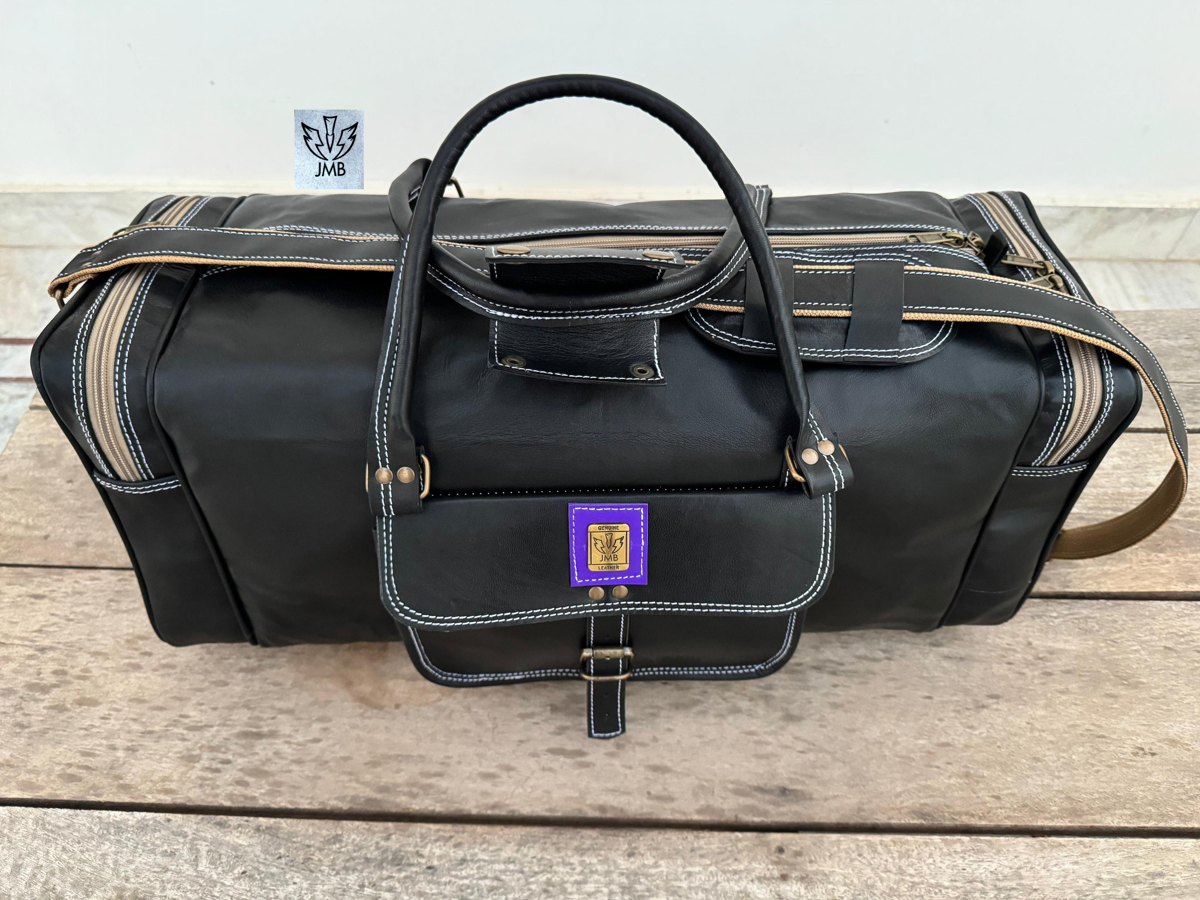 Unisex-Reisetasche und Sporttasche aus schwarzem Echtleder – Wochenendgepäck von Jasolcraft