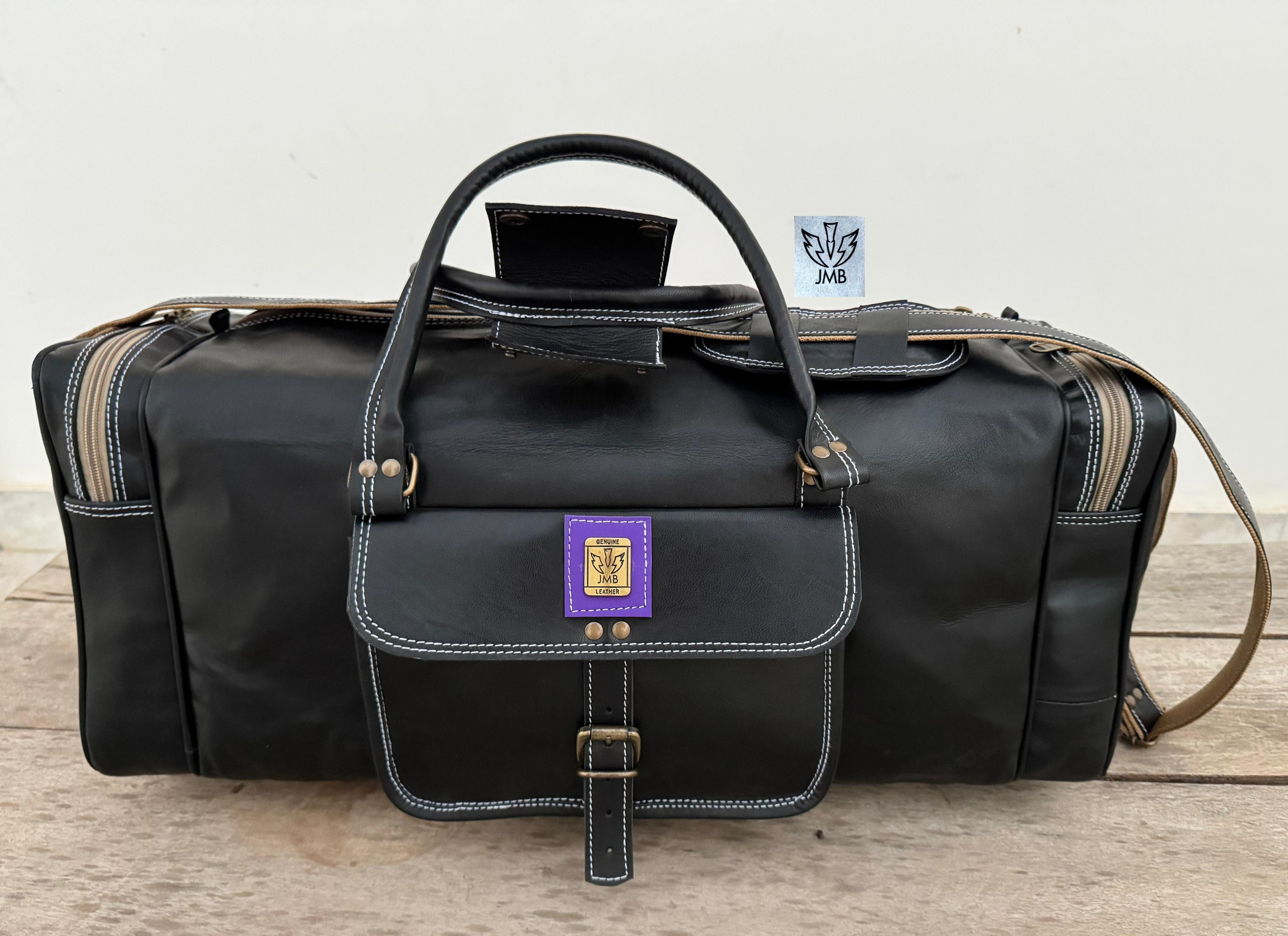 Unisex-Reisetasche und Sporttasche aus schwarzem Echtleder – Wochenendgepäck von Jasolcraft