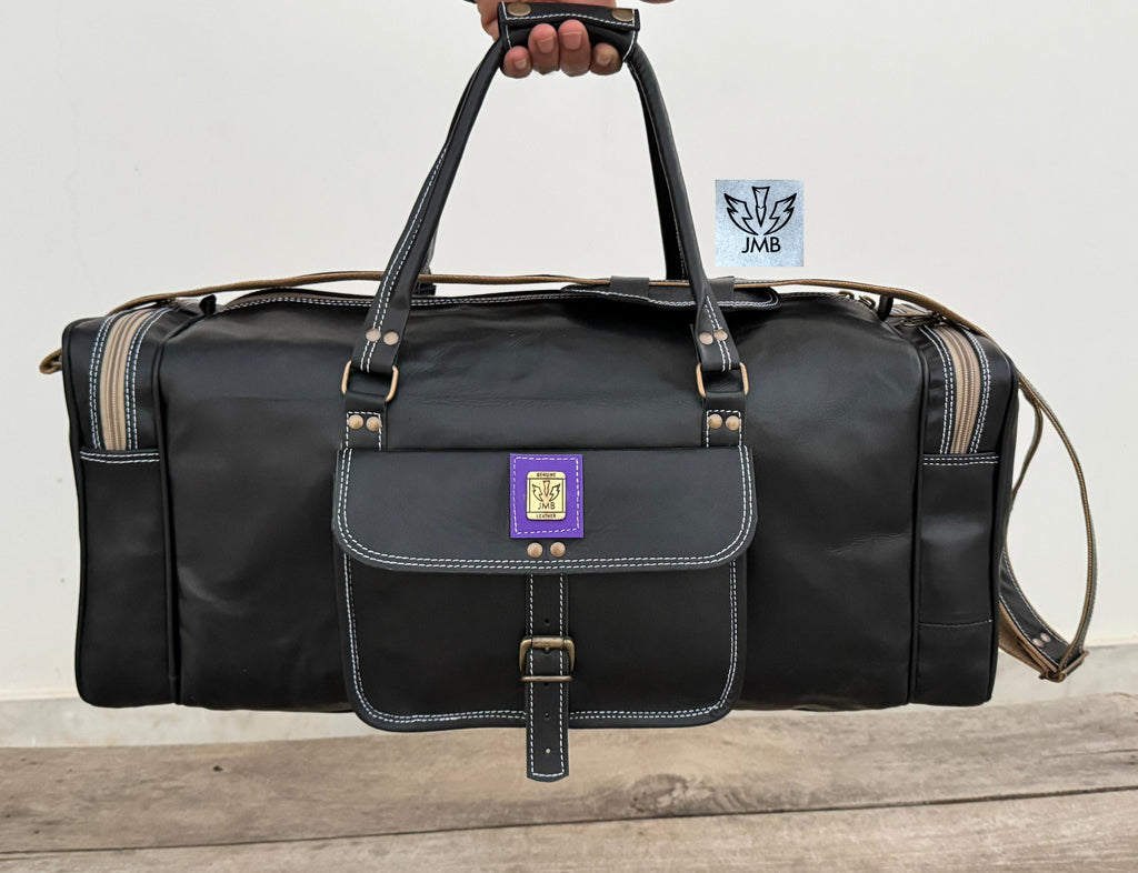 Unisex-Reisetasche und Sporttasche aus schwarzem Echtleder – Wochenendgepäck von Jasolcraft