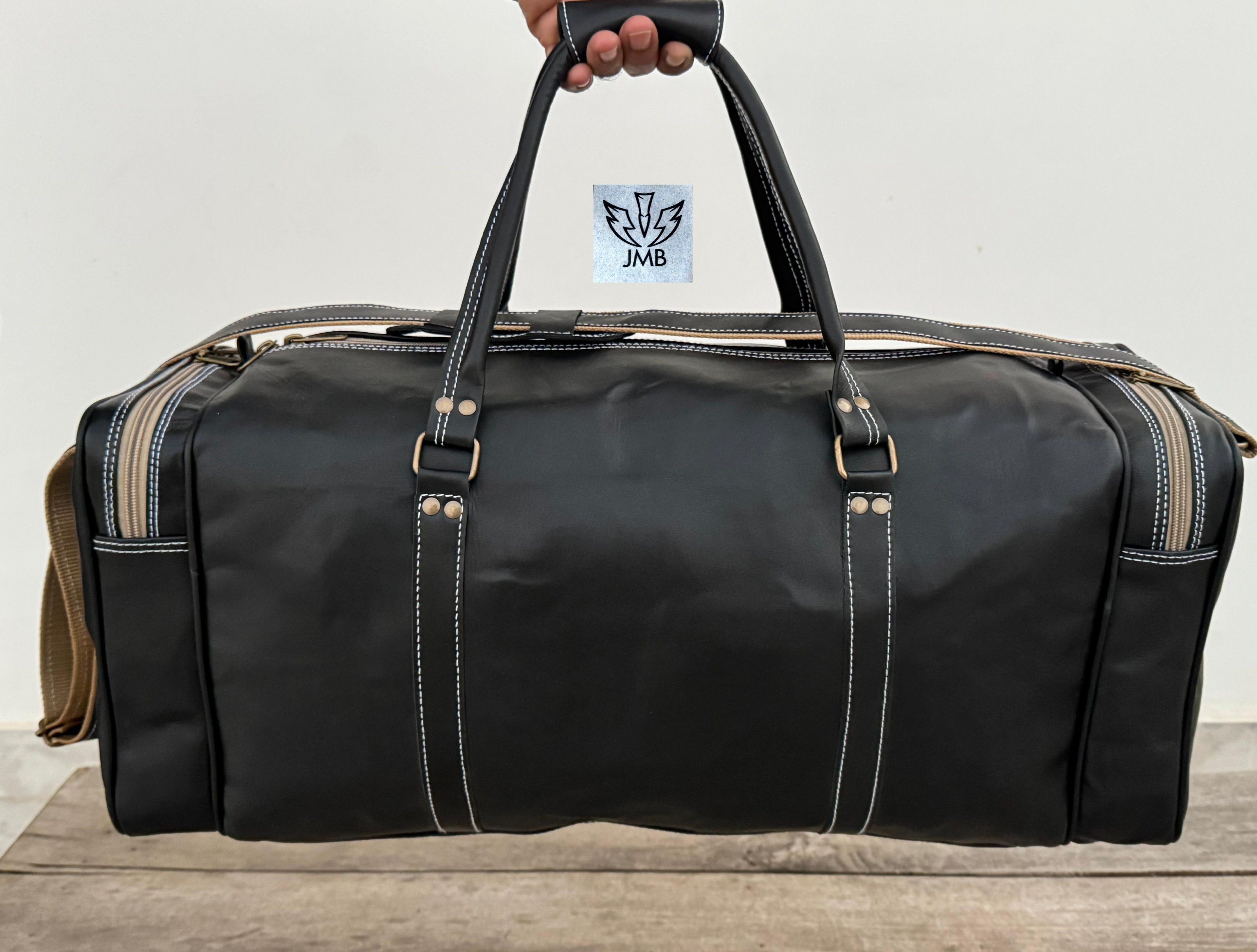 Unisex-Reisetasche und Sporttasche aus schwarzem Echtleder – Wochenendgepäck von Jasolcraft