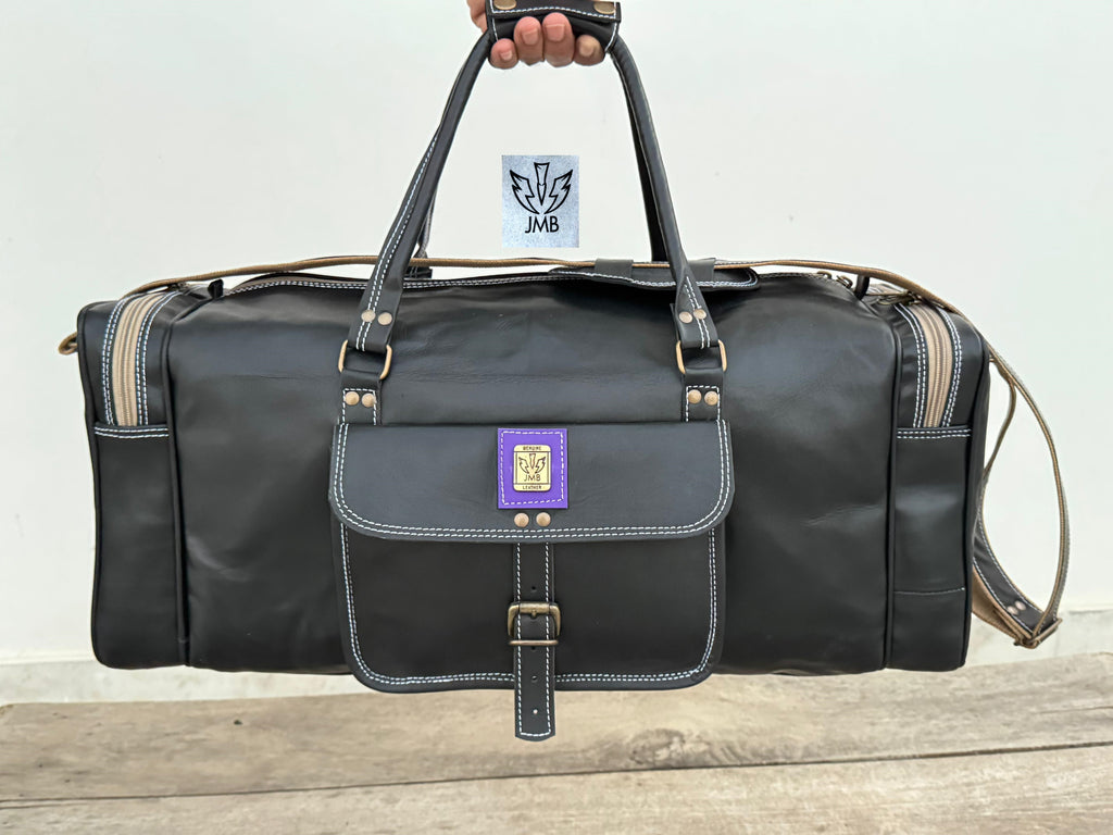 Unisex-Reisetasche und Sporttasche aus schwarzem Echtleder – Wochenendgepäck von Jasolcraft