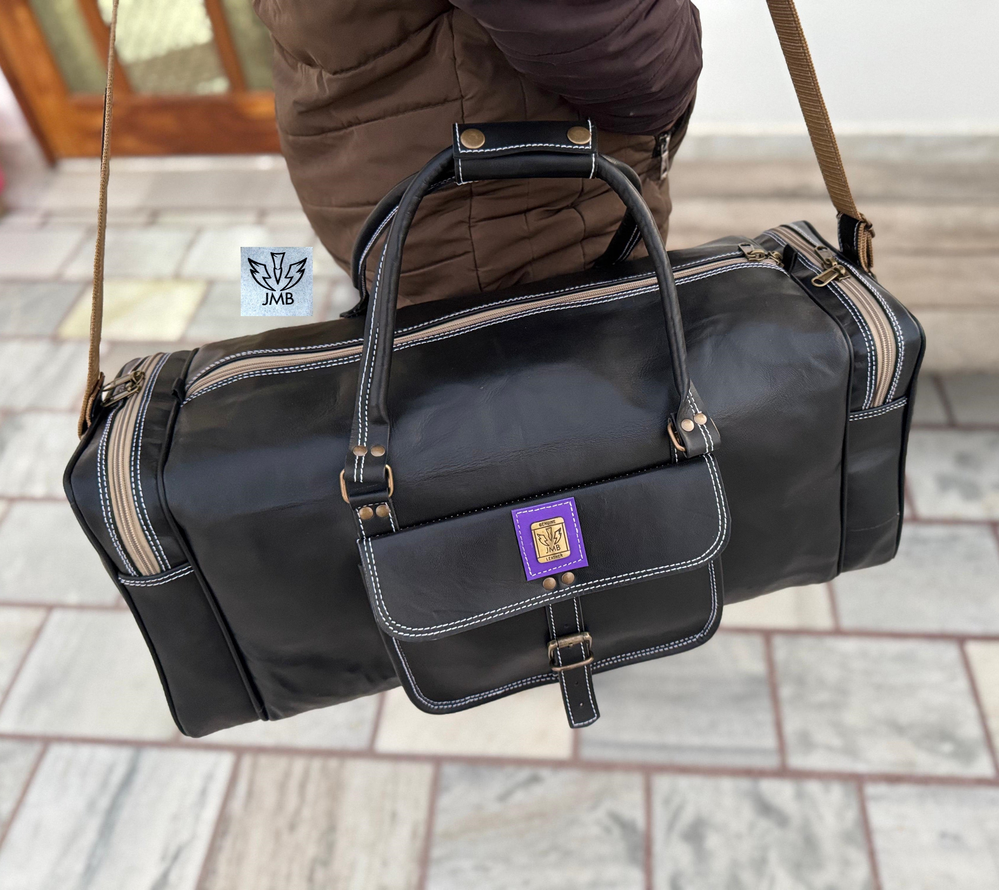 Unisex-Reisetasche und Sporttasche aus schwarzem Echtleder – Wochenendgepäck von Jasolcraft