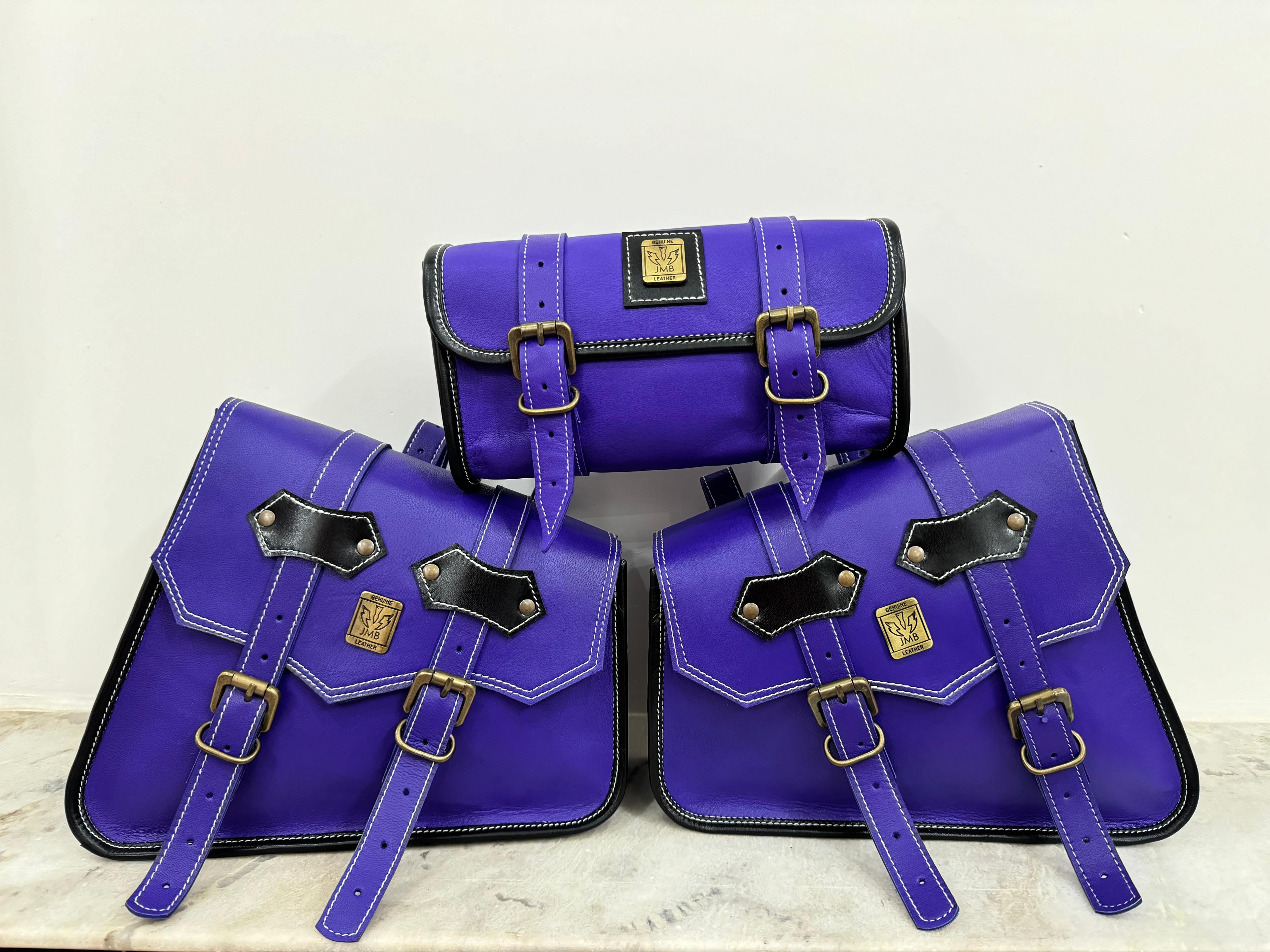 Set aus 3 handgefertigten Motorradtaschen aus Ziegenleder mit Werkzeugtasche und Satteltaschen 