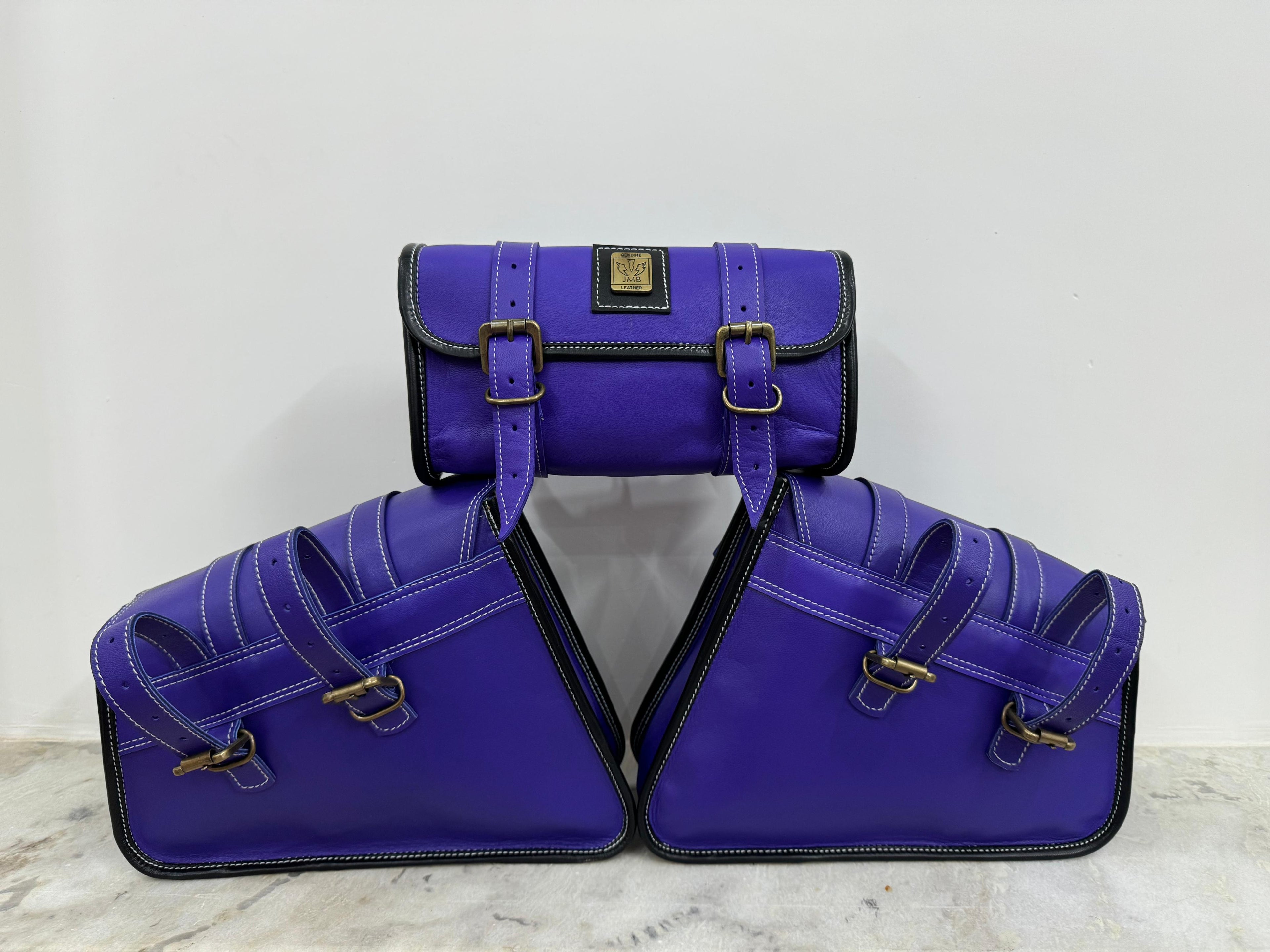 Set aus 3 handgefertigten Motorradtaschen aus Ziegenleder mit Werkzeugtasche und Satteltaschen 