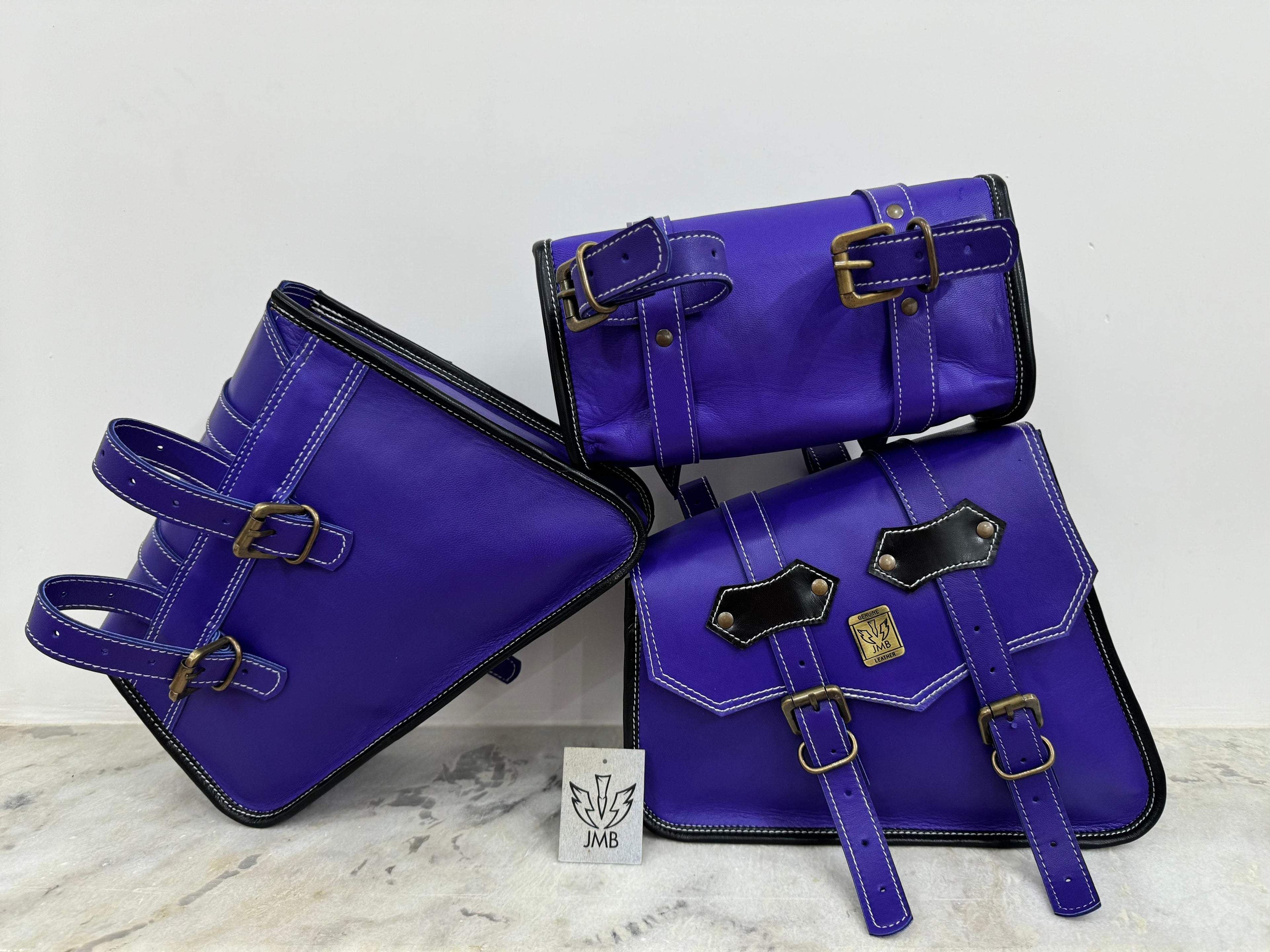 Set aus 3 handgefertigten Motorradtaschen aus Ziegenleder mit Werkzeugtasche und Satteltaschen 