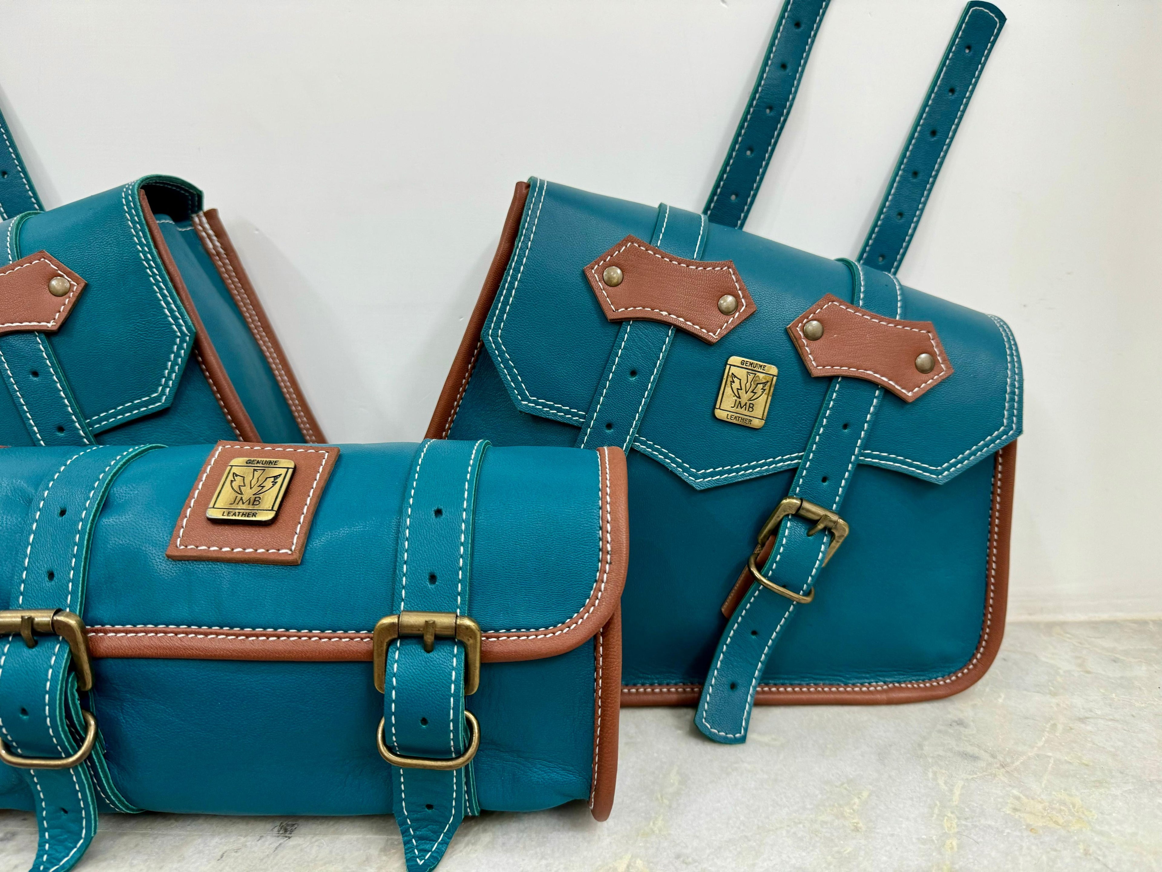 Set mit 3 Motorrad-Ledersatteltaschen 